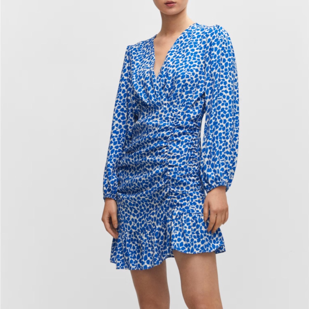 Mango Blue Floral Ruched Mini Dress Size 8